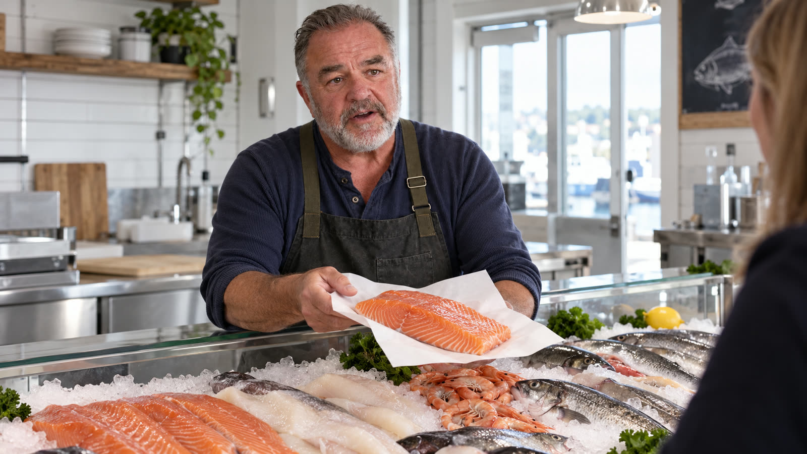 Ray Holland behind his fish counter, holding up a salmon fillet