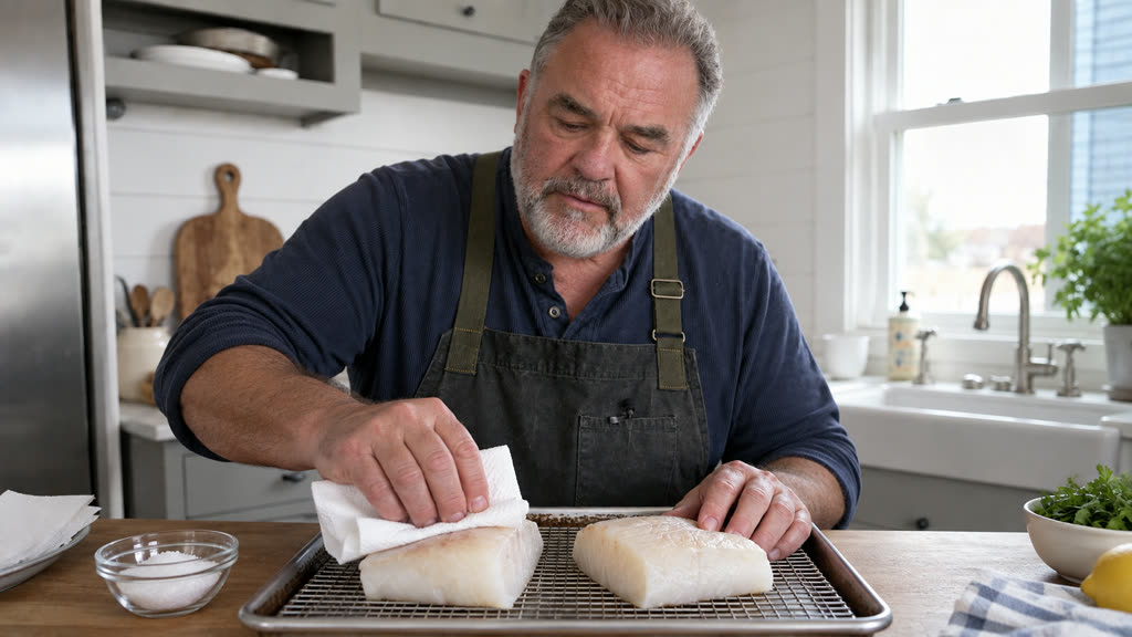 Ray blotting cod portions dry on a wire rack